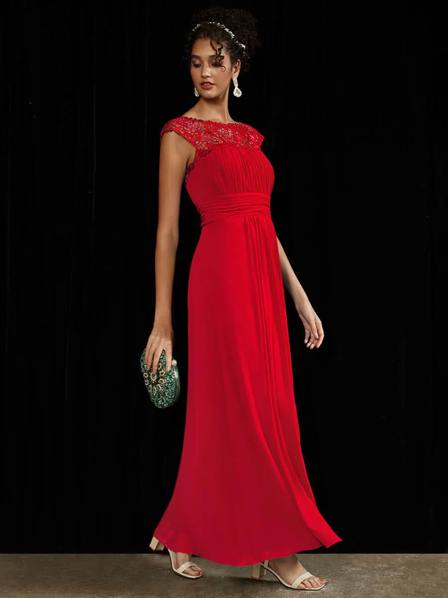 [Final Sale] Red Lace Open Back Floor Length Silky Chiffon Formal Evening Mother Dress