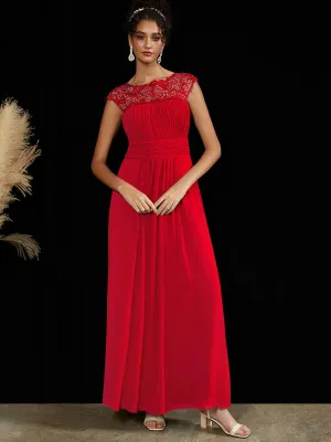 [Final Sale] Red Lace Open Back Floor Length Silky Chiffon Formal Evening Mother Dress