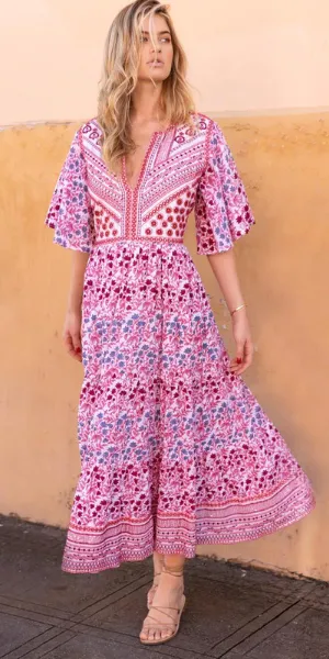 Flirty V-Neck Maxi in Mendoza Coral Red