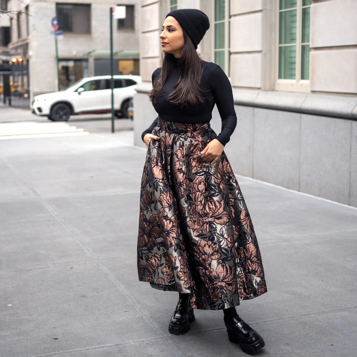 Floral Brocade Midi Skirt in Bronze and Black