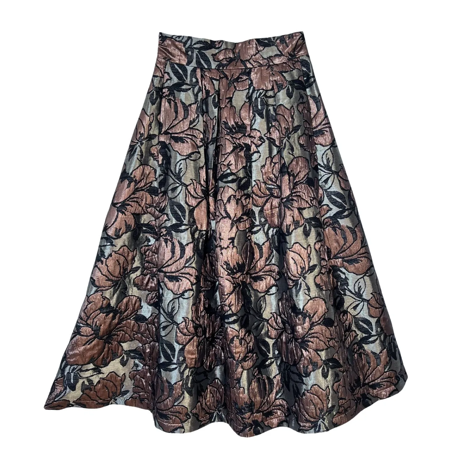 Floral Brocade Midi Skirt in Bronze and Black