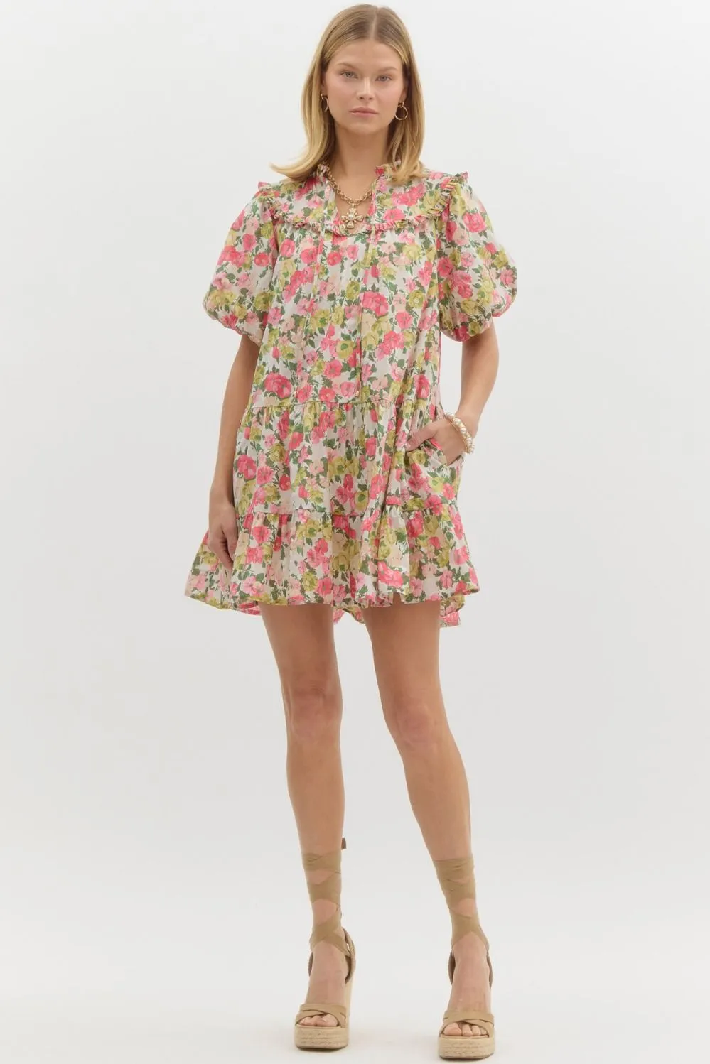 Floral Frill Bubble Sleeved Mini Dress {Pink}
