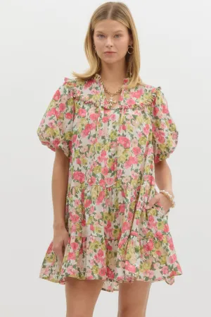 Floral Frill Bubble Sleeved Mini Dress {Pink}