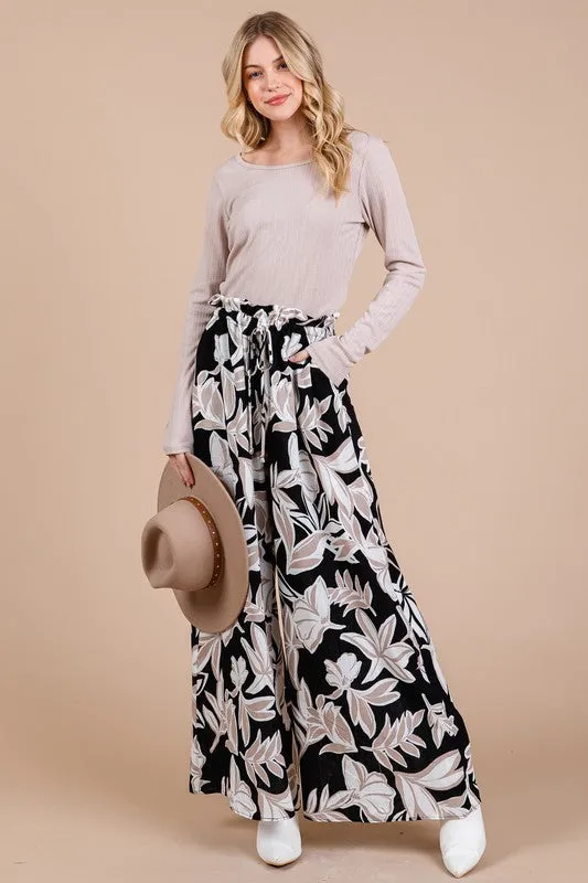 Floral Wide-Leg Pants with Pockets