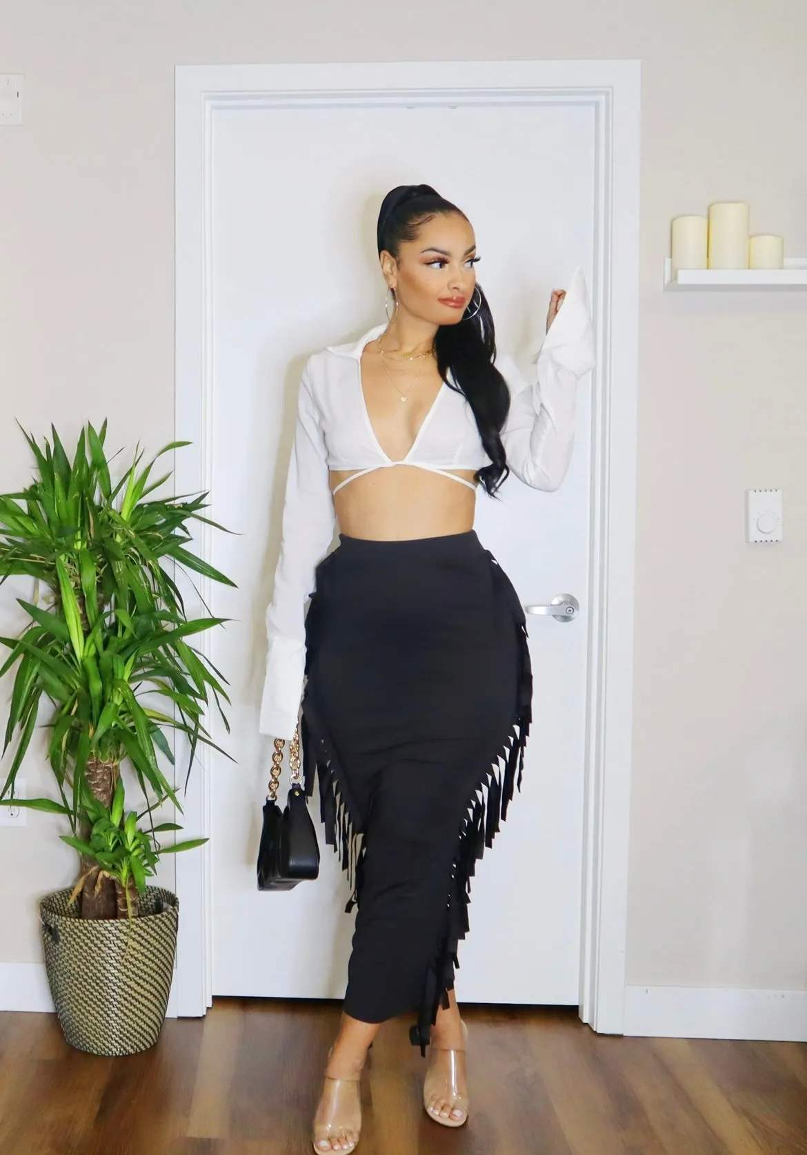 Fringe High-Waisted Skirt (Black)