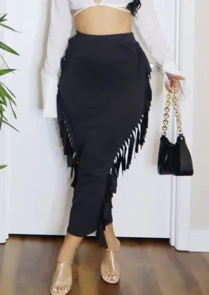 Fringe High-Waisted Skirt (Black)