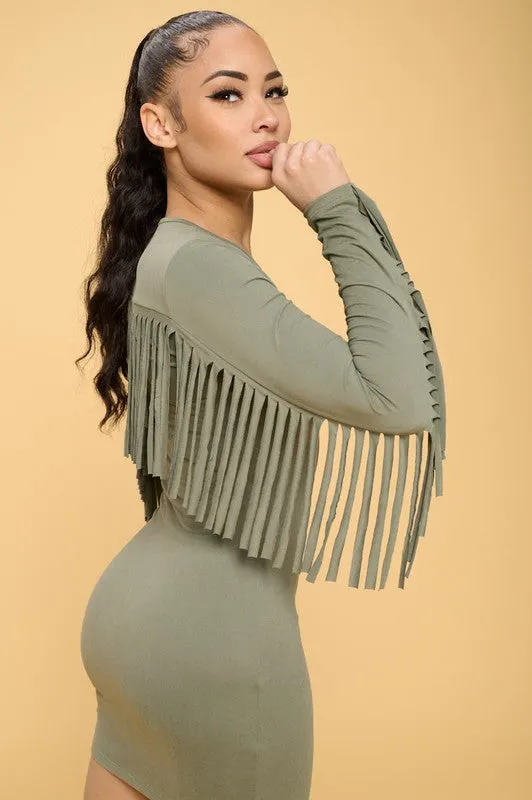 Fringe - Olive Fringe-Sleeves Mini Dress