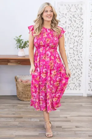 Fuchsia Round Neck Floral Dress