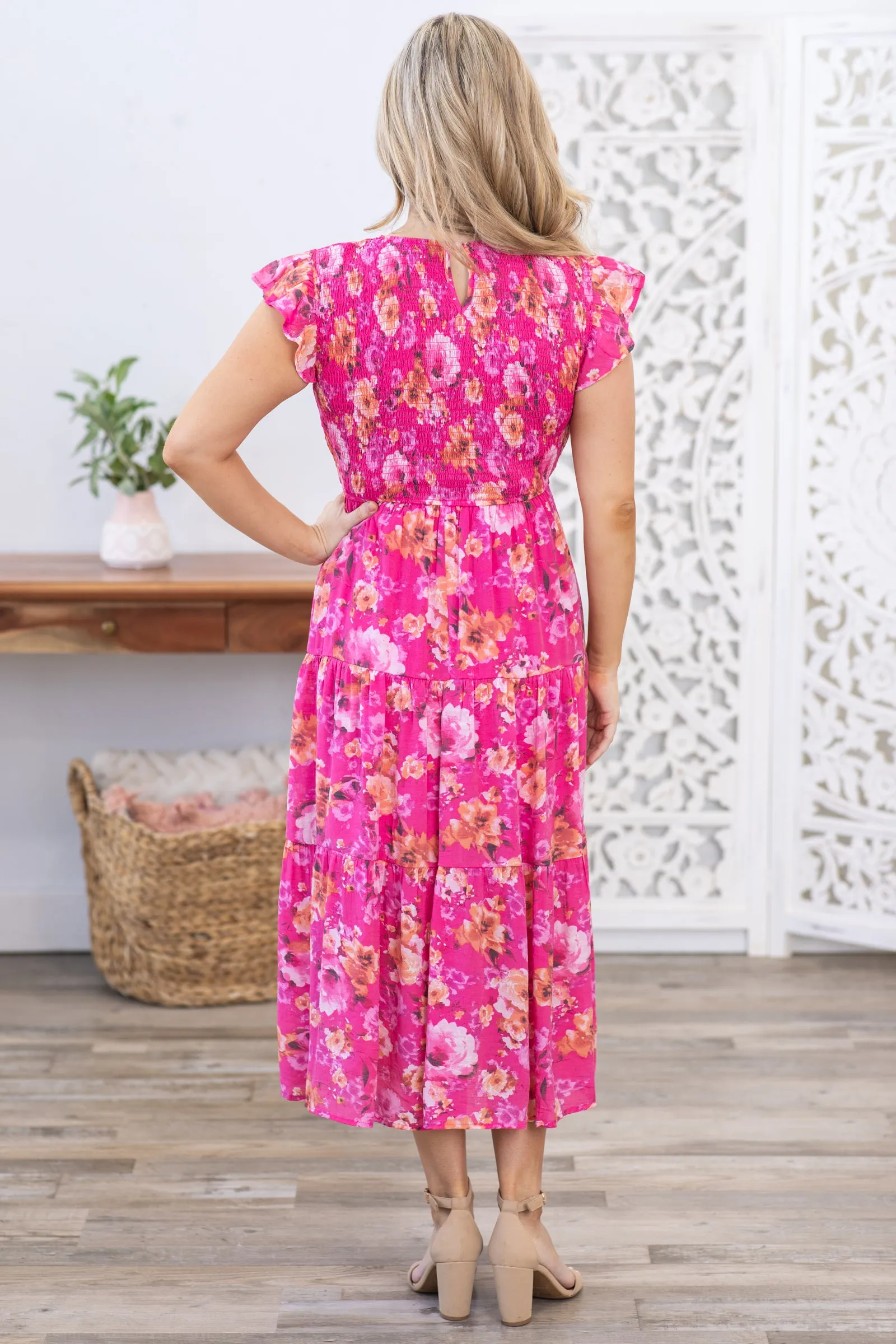 Fuchsia Round Neck Floral Dress