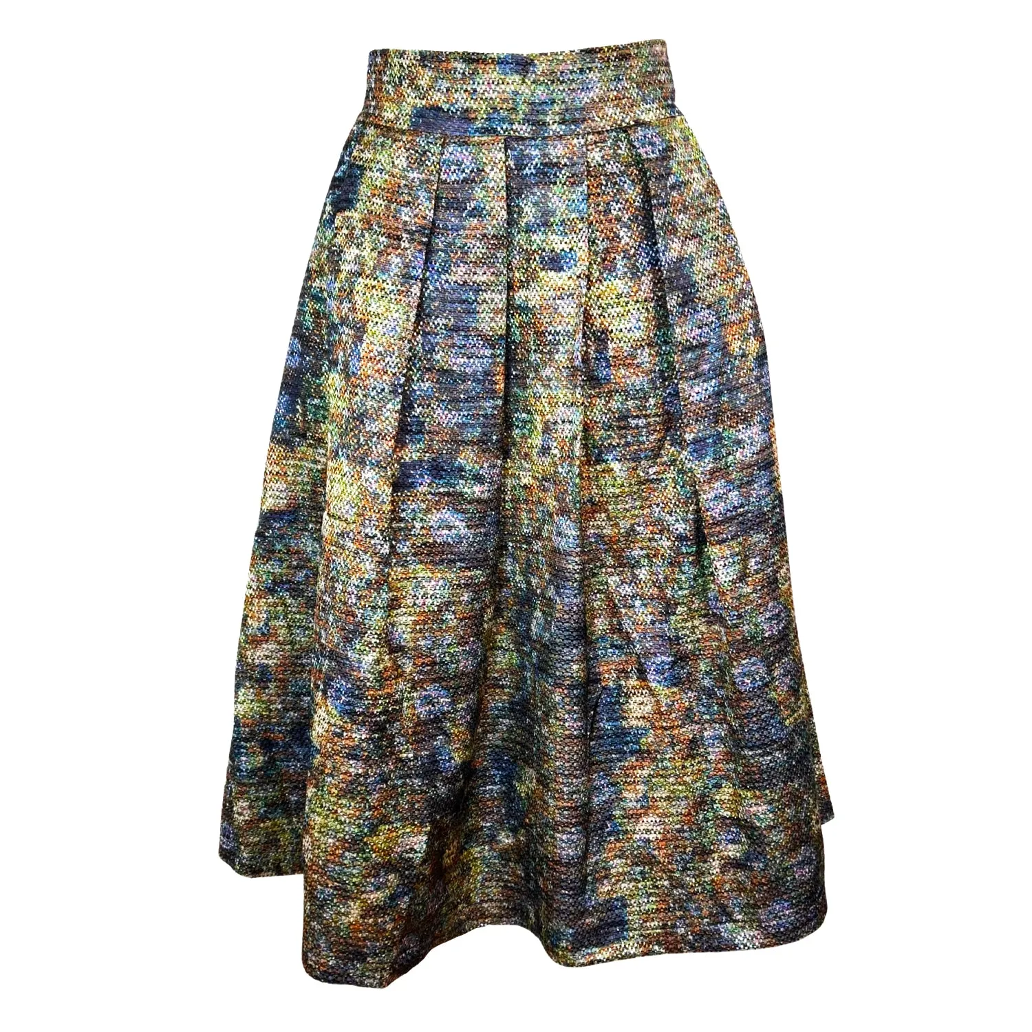 Full Midi Skirt in Metallic Green Brocade