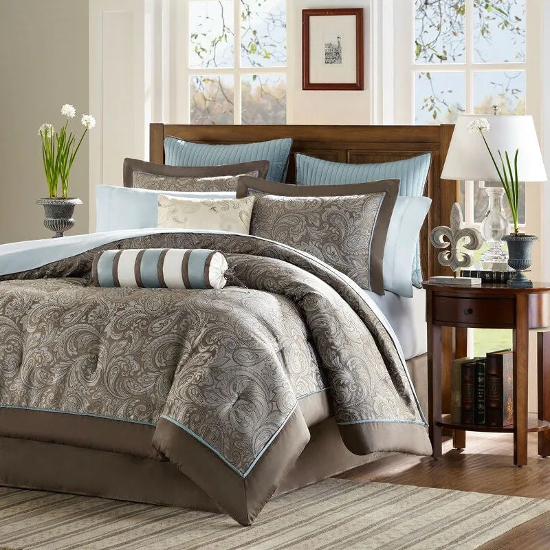 Full size 12-piece Reversible Cotton Comforter Set in Brown and Blue