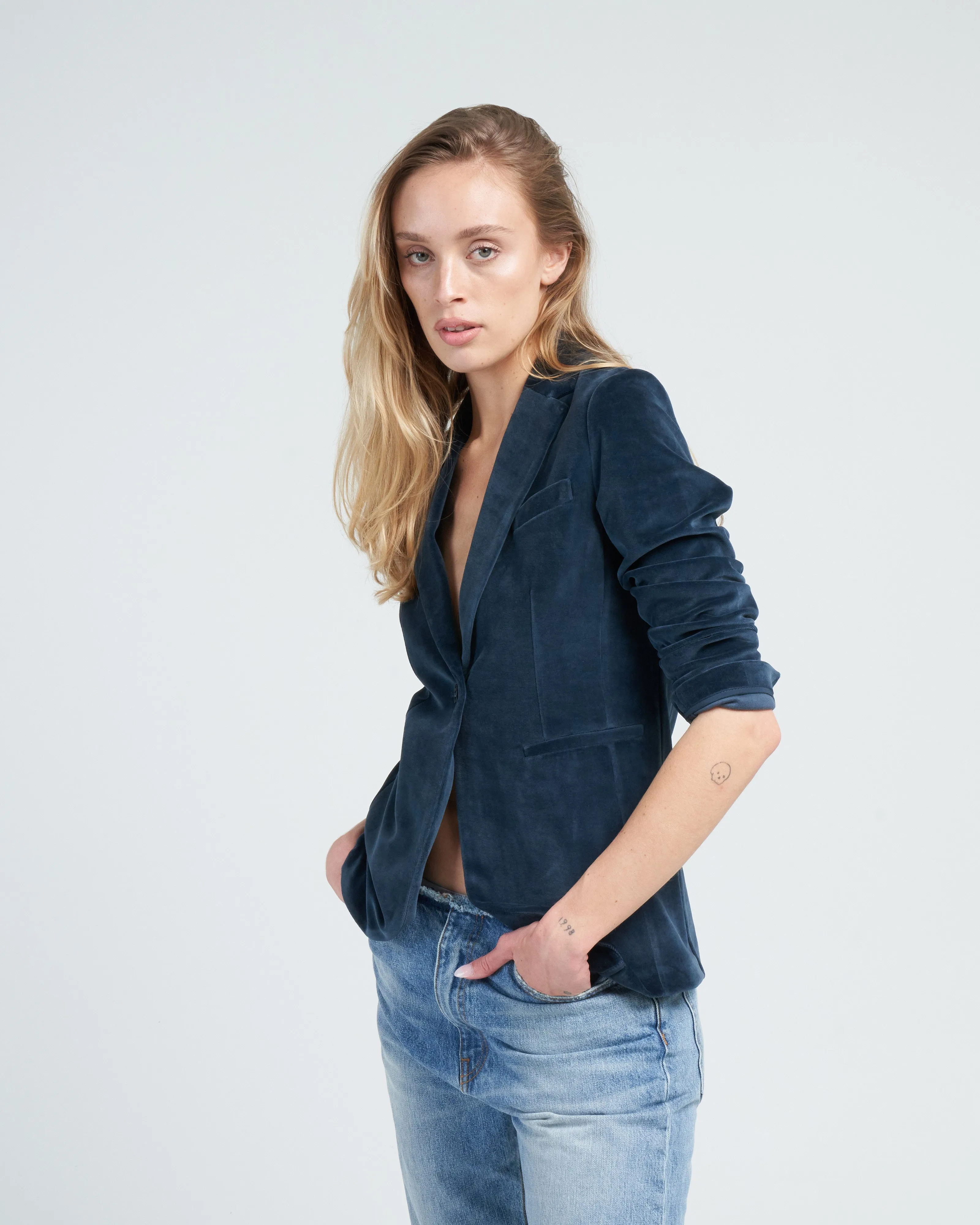 giacca slim long velour jacket - pavone