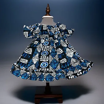 Girls Blue African Print Dress w/Headband