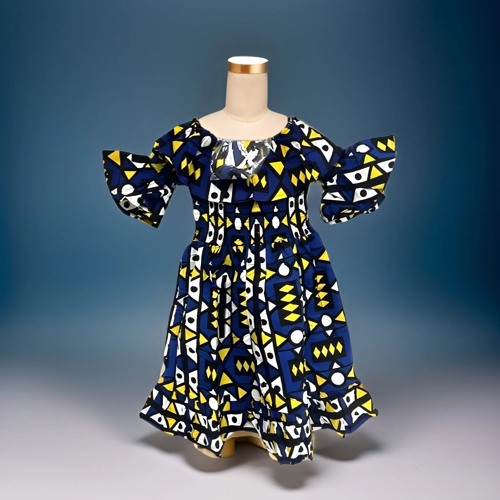 Girls Blue/Yellow African Print Dress w/Headband