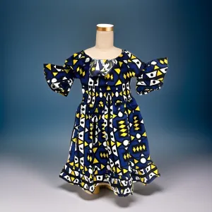 Girls Blue/Yellow African Print Dress w/Headband