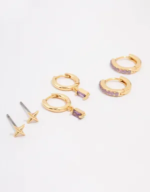 Gold Plated Brass Barbie Baguette Hoop Earring 3-Pack