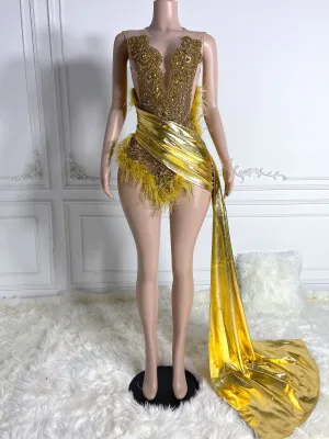 Golden Feathered Elegance Mini Dress