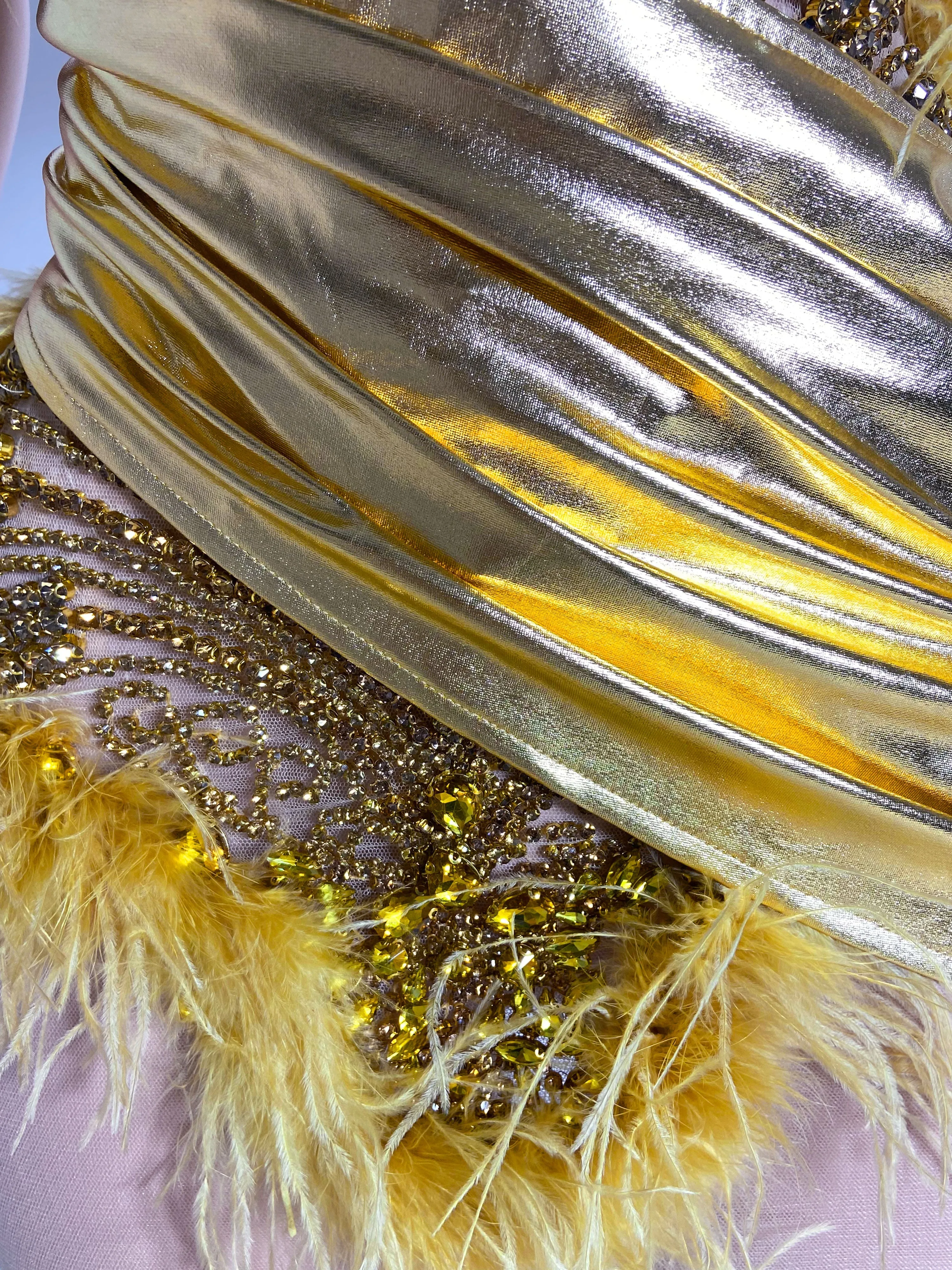 Golden Feathered Elegance Mini Dress