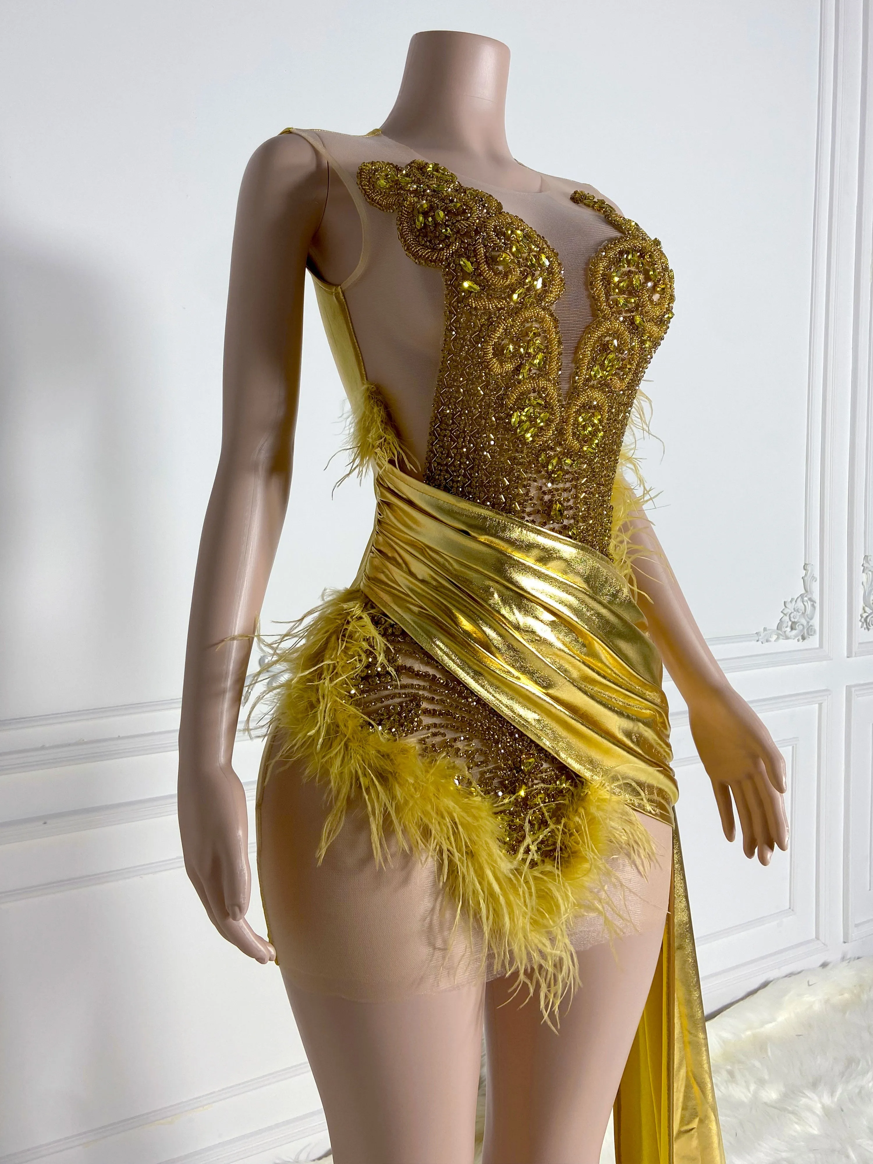 Golden Feathered Elegance Mini Dress