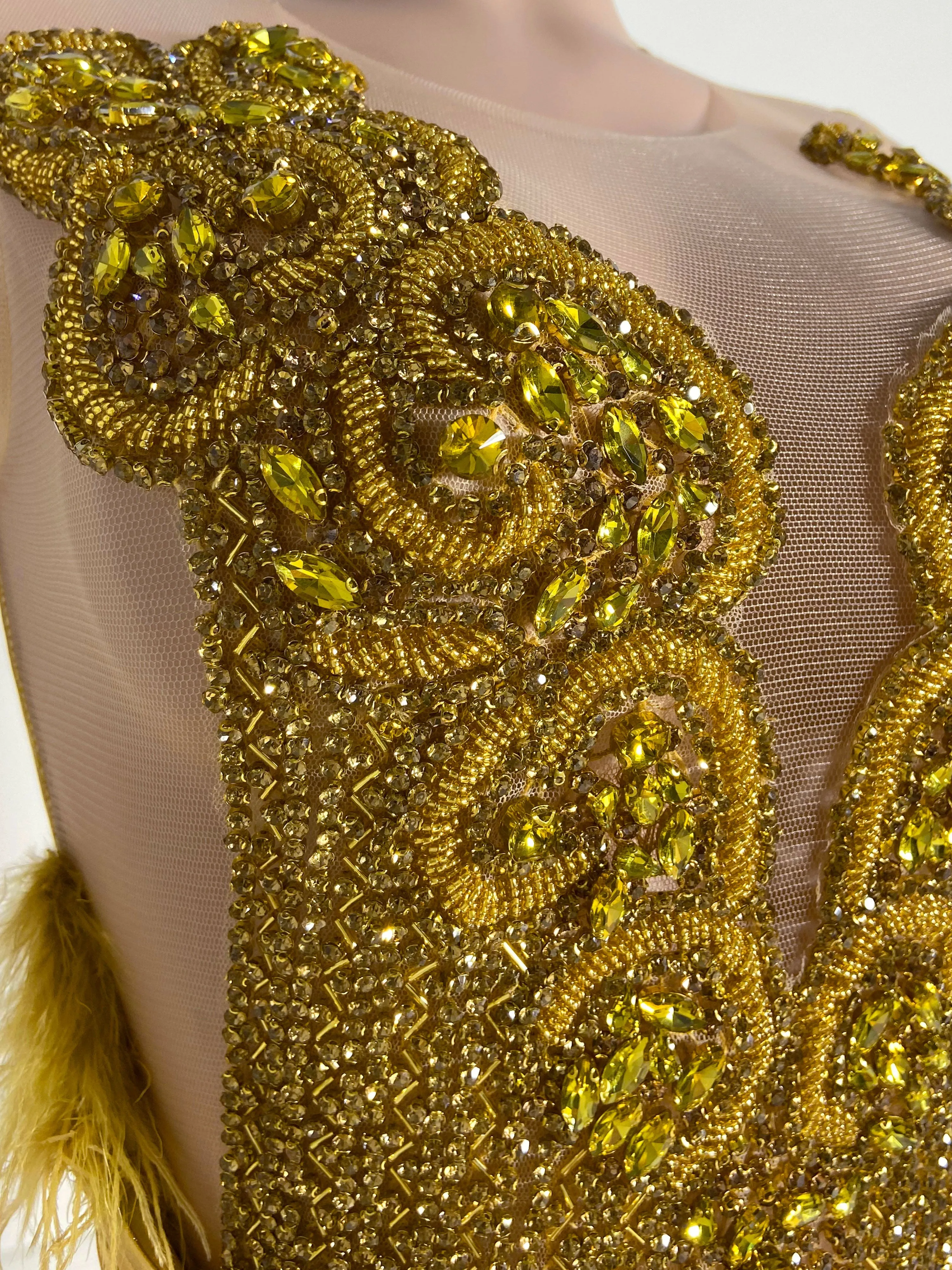 Golden Feathered Elegance Mini Dress