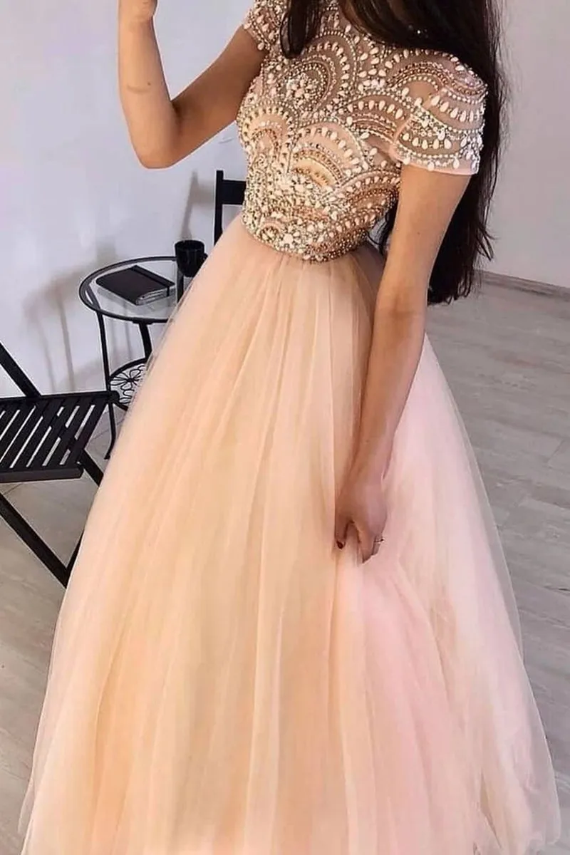 Gorgeous Cap Sleeves Round Neck Pink Beaded Long Prom Dress, Cap Sleeves Pink Formal Dress, Pink Beaded Evening Dress