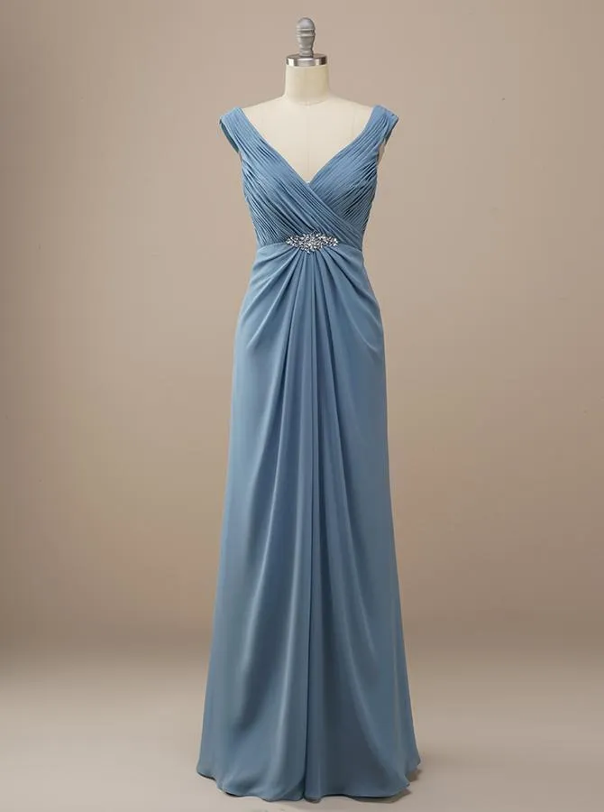 Grecian Blue V Neck Chiffon Bridesmaid Dress BM225