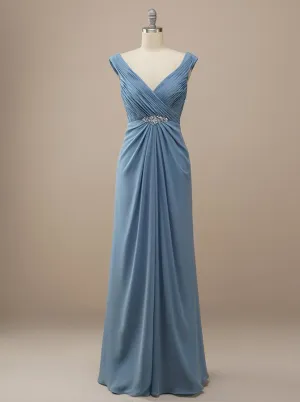 Grecian Blue V Neck Chiffon Bridesmaid Dress BM225