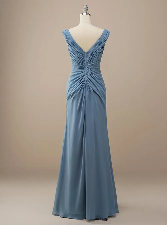 Grecian Blue V Neck Chiffon Bridesmaid Dress BM225