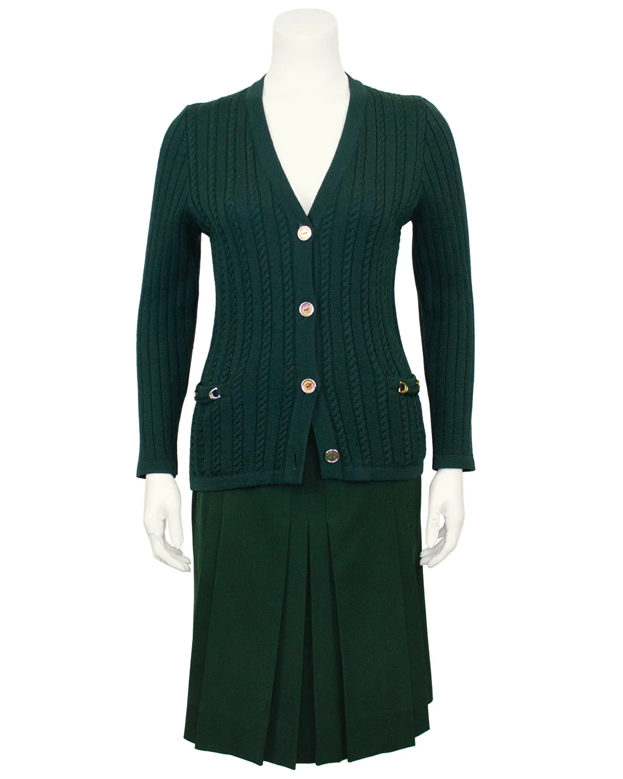Green Wool Cardigan and Gabardine Skirt Ensemble