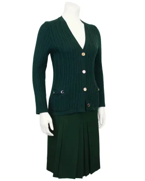 Green Wool Cardigan and Gabardine Skirt Ensemble