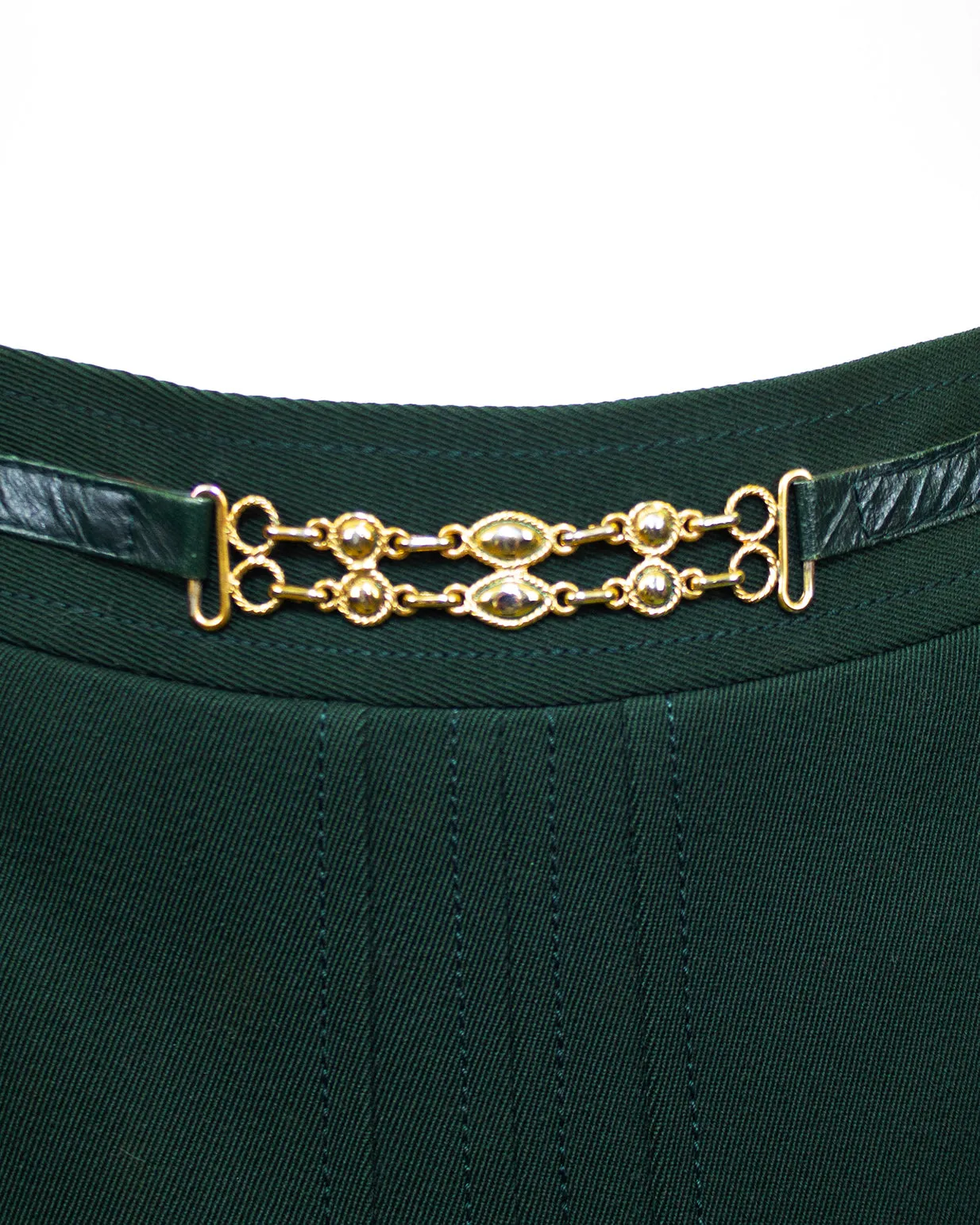 Green Wool Cardigan and Gabardine Skirt Ensemble