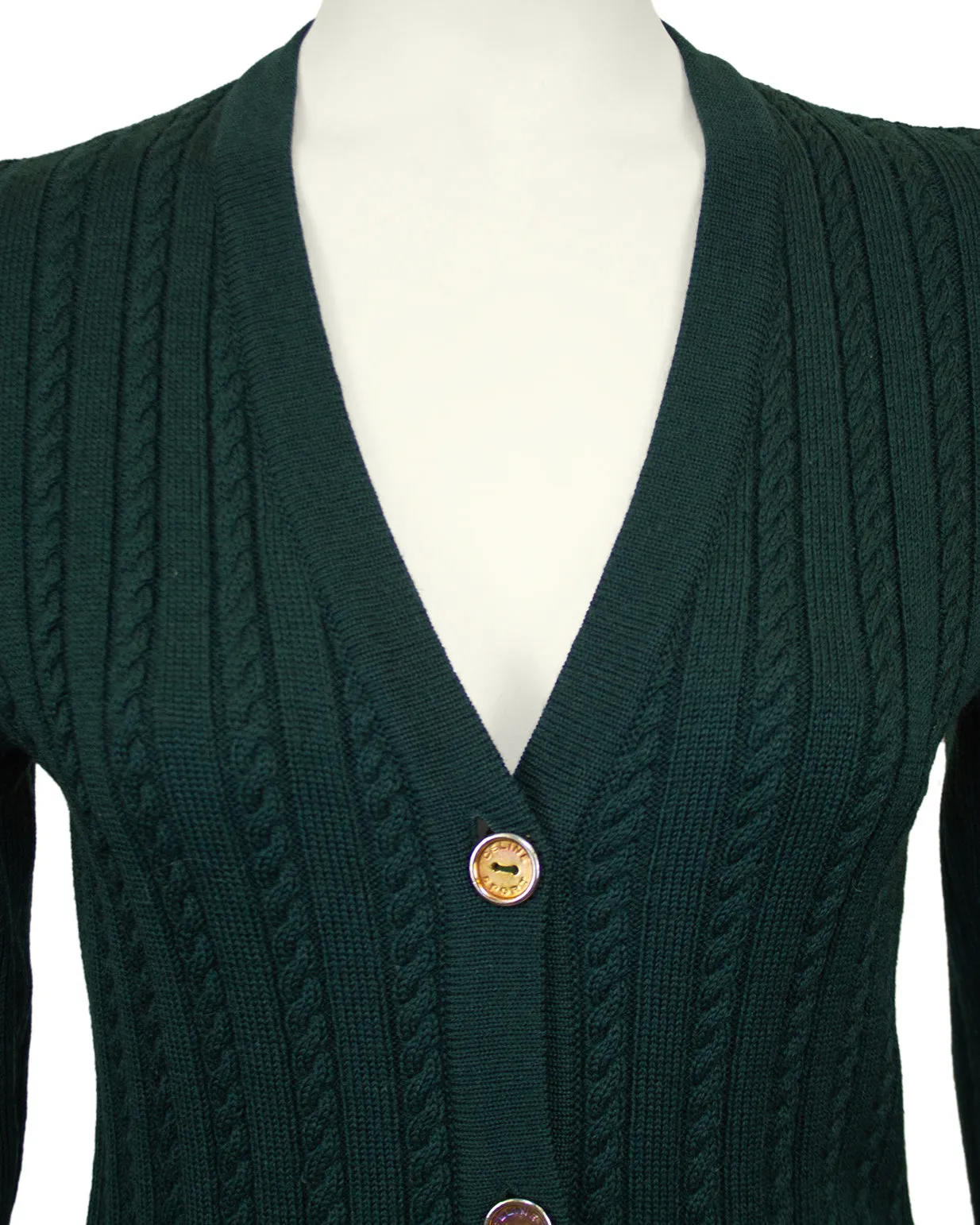 Green Wool Cardigan and Gabardine Skirt Ensemble