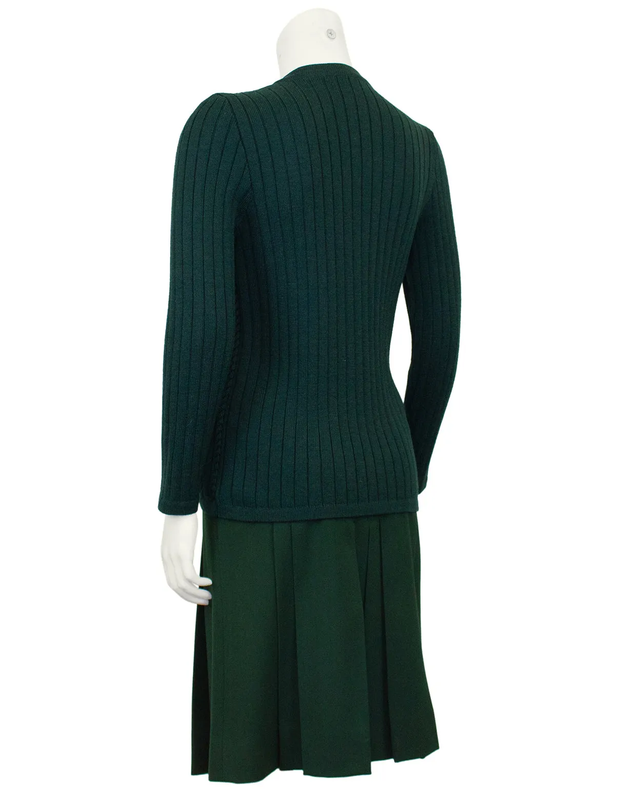 Green Wool Cardigan and Gabardine Skirt Ensemble