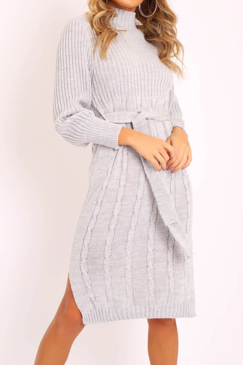 Grey Tie Waist High Neck Midi Jumper Dress - Ennie