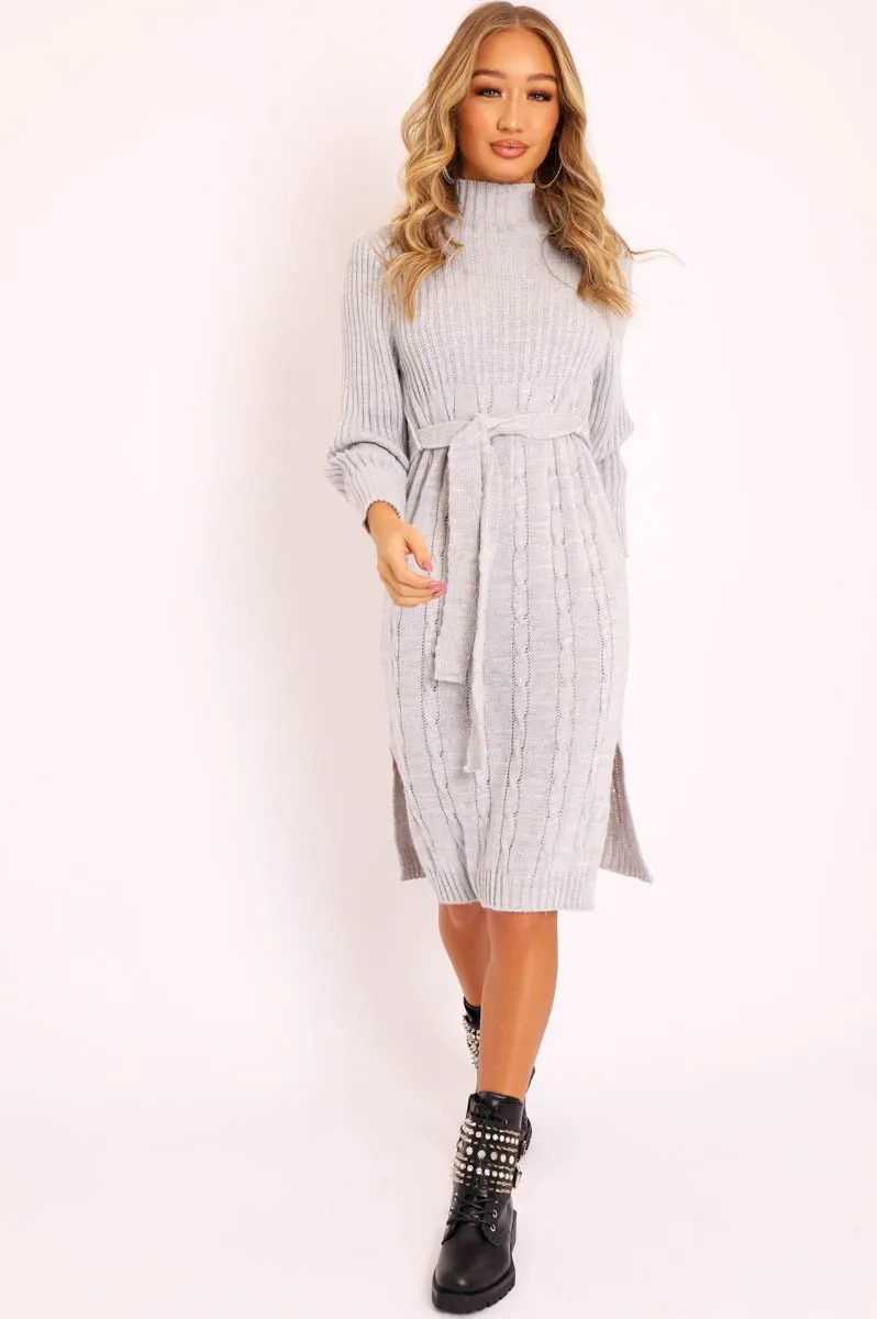 Grey Tie Waist High Neck Midi Jumper Dress - Ennie