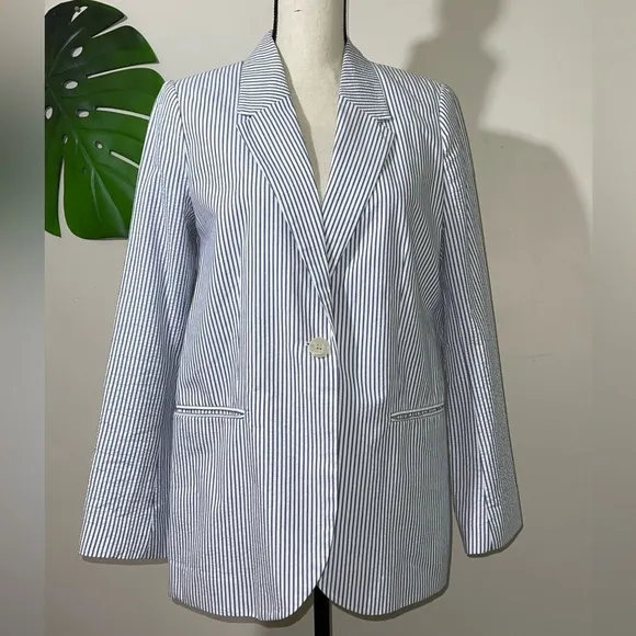 H&amp;M Single Breasted Blazer Jacket Blue and White Stripes