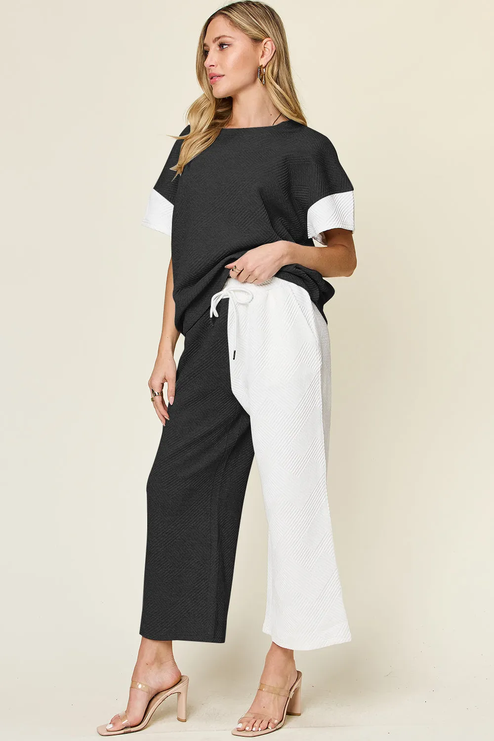 Hazel Blues® |  Double Take Texture Contrast T-Shirt and Wide Leg Pants Set