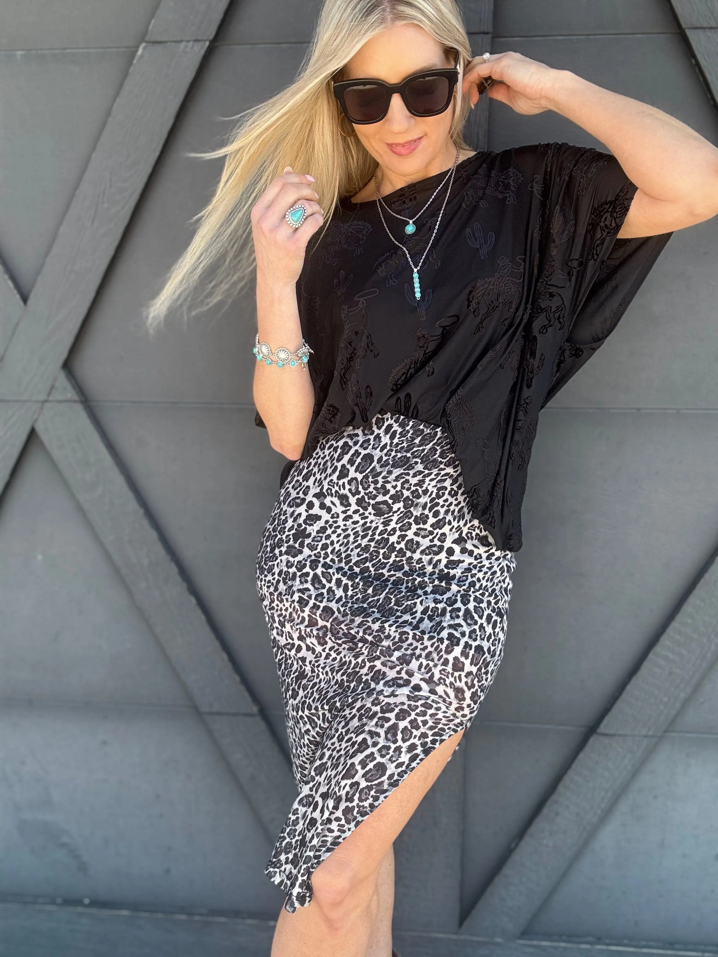 High Waisted Leopard Mesh Skirt In Black