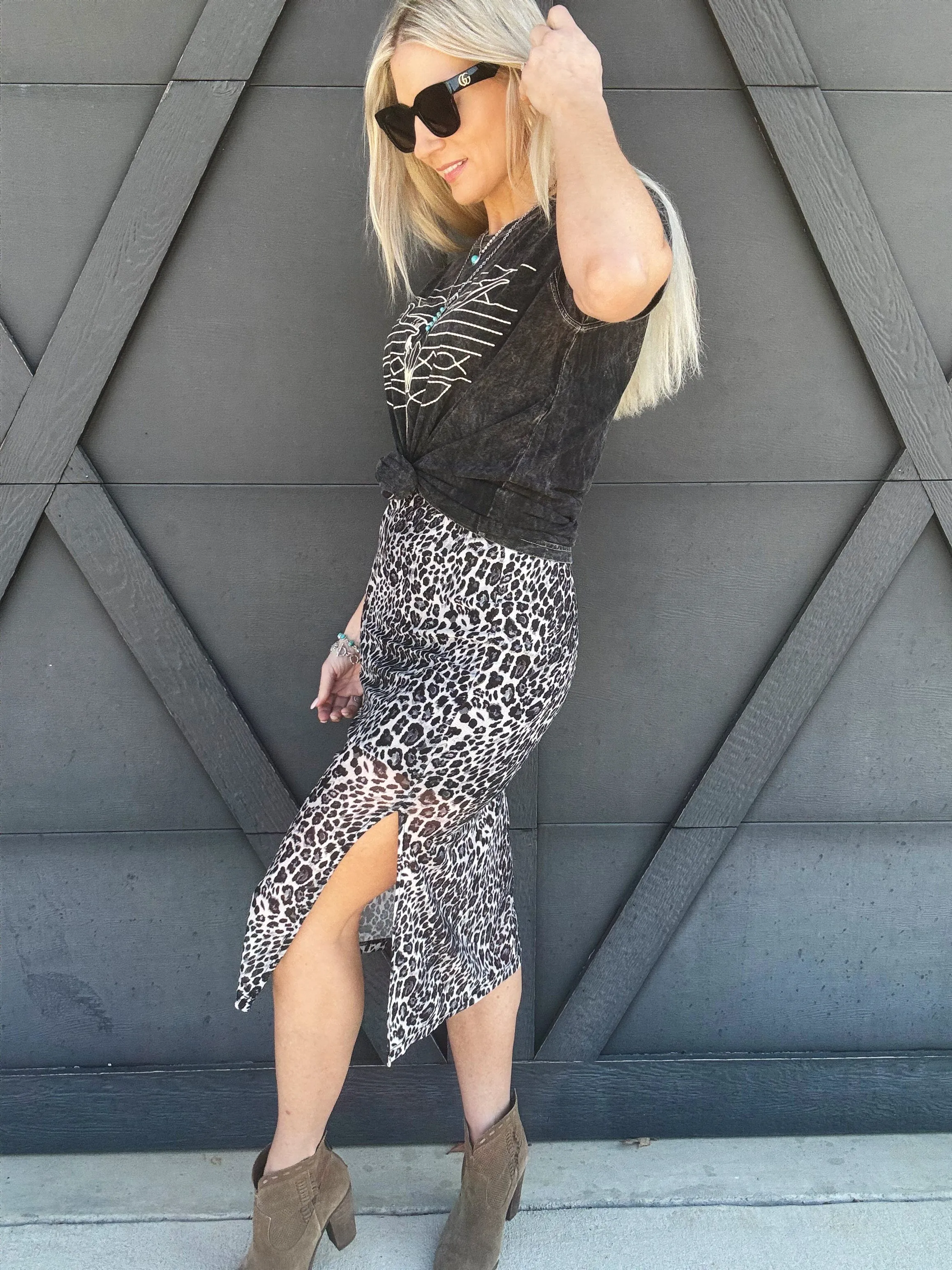 High Waisted Leopard Mesh Skirt In Black