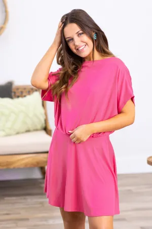 Hot Pink Boat Neck Built In Shorts Dress