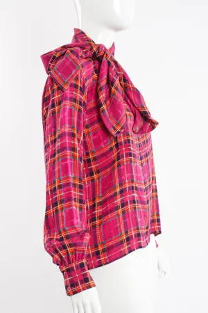 Hot Plaid Silk Bow Blouse