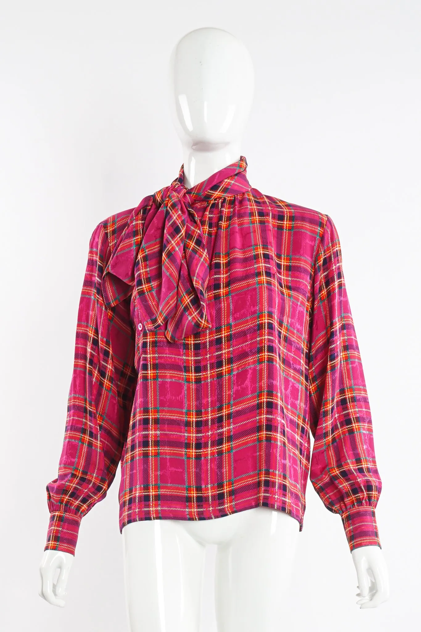 Hot Plaid Silk Bow Blouse