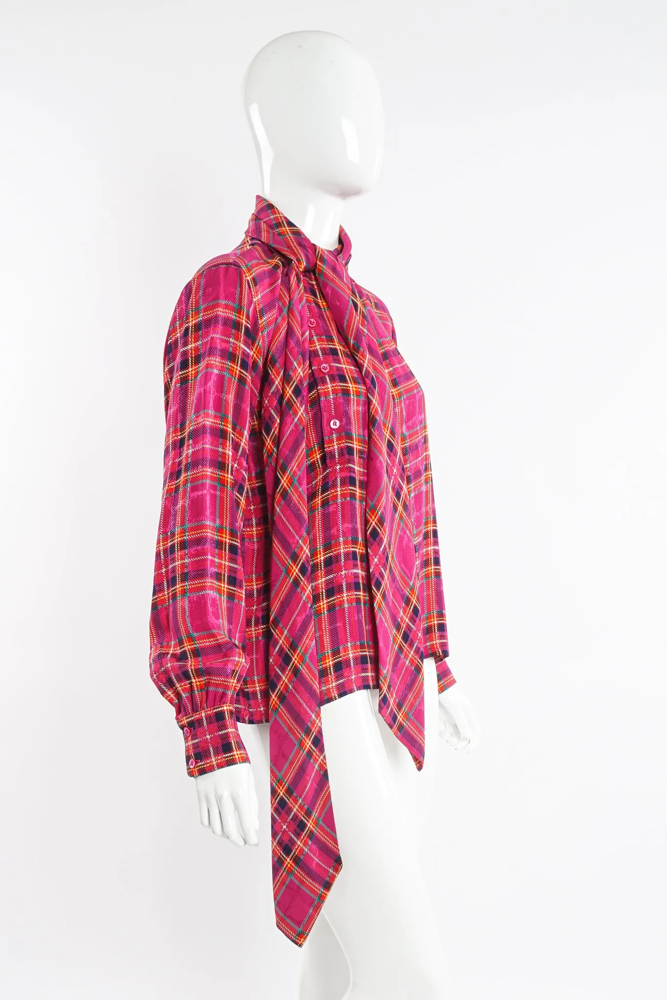 Hot Plaid Silk Bow Blouse