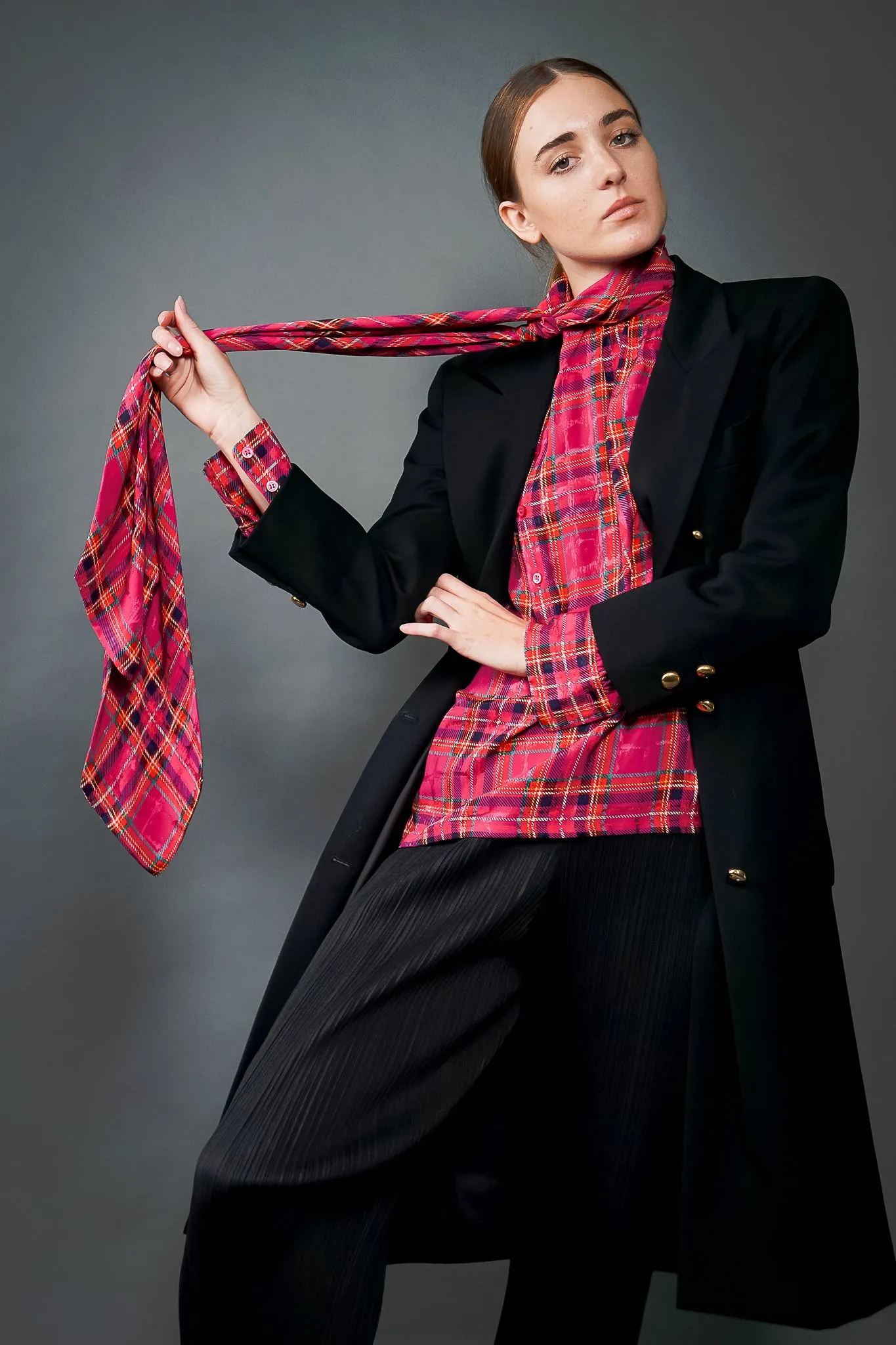 Hot Plaid Silk Bow Blouse