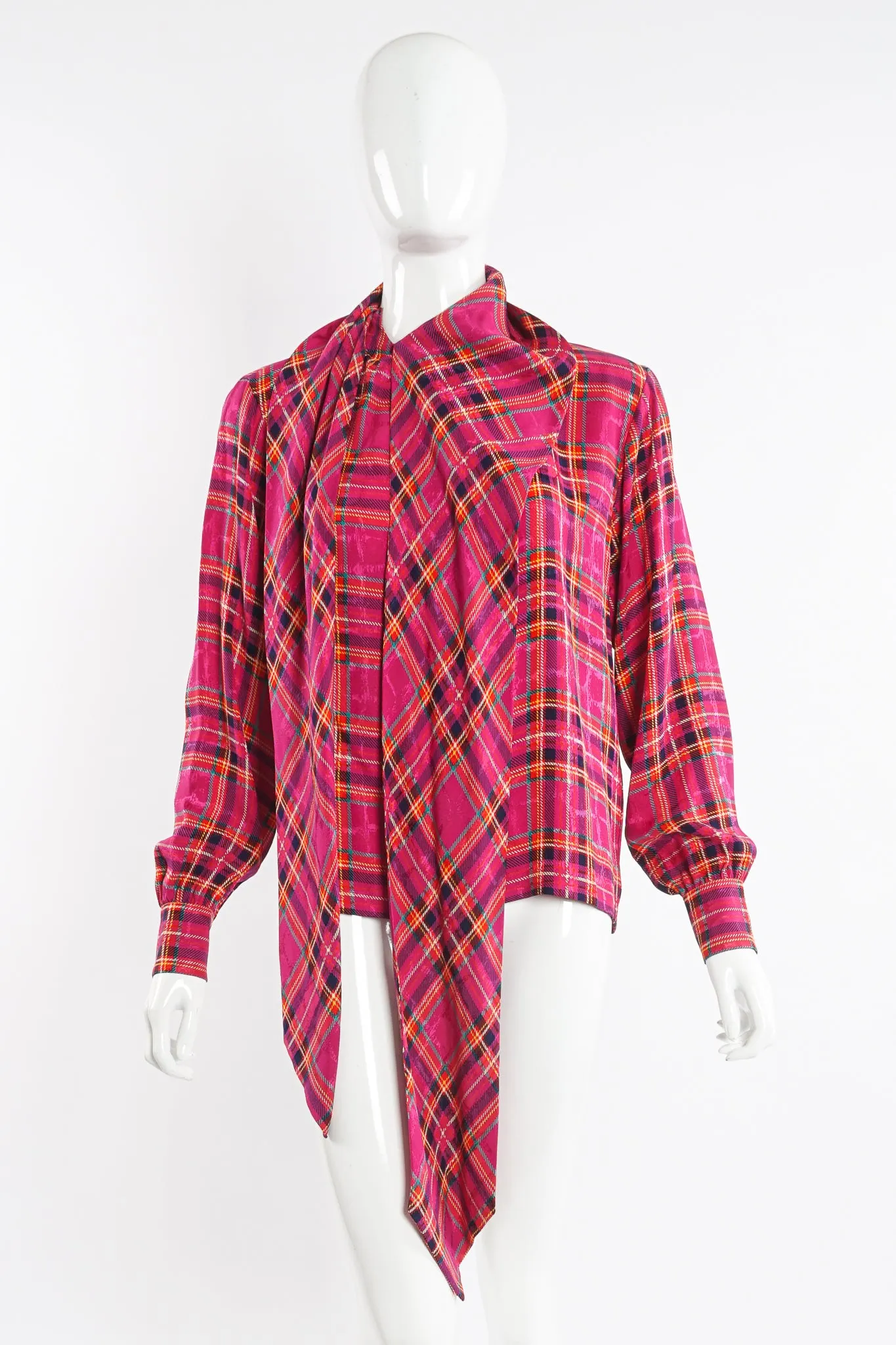 Hot Plaid Silk Bow Blouse