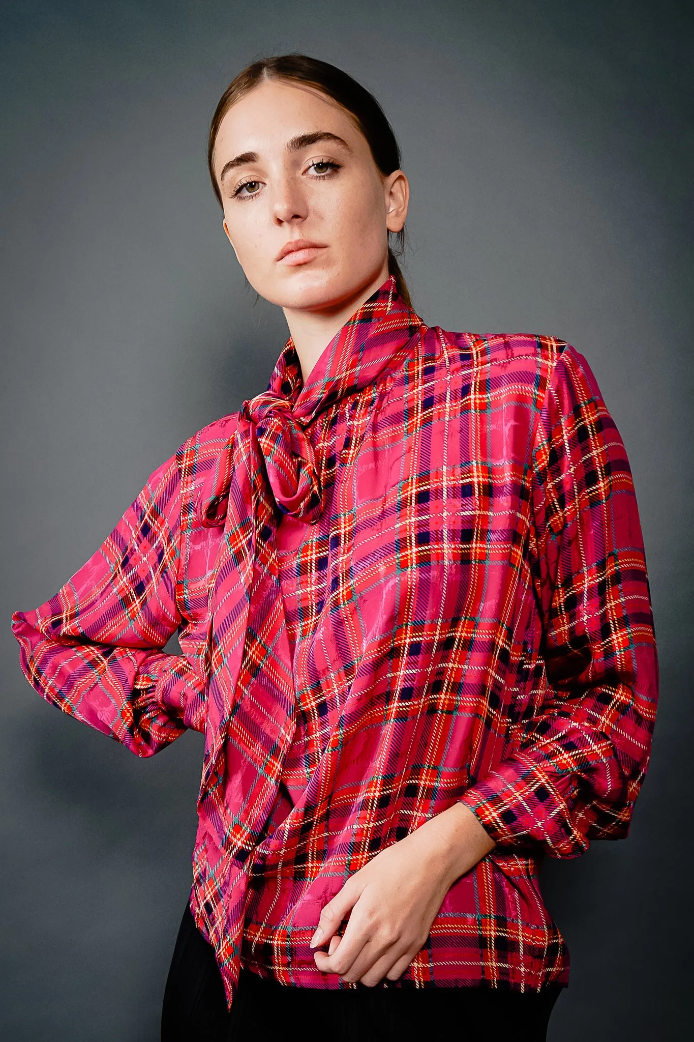 Hot Plaid Silk Bow Blouse
