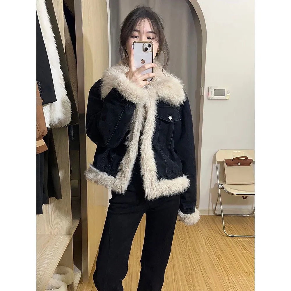 Instock-Autumn and winter 2024 black splicing fur denim jacket