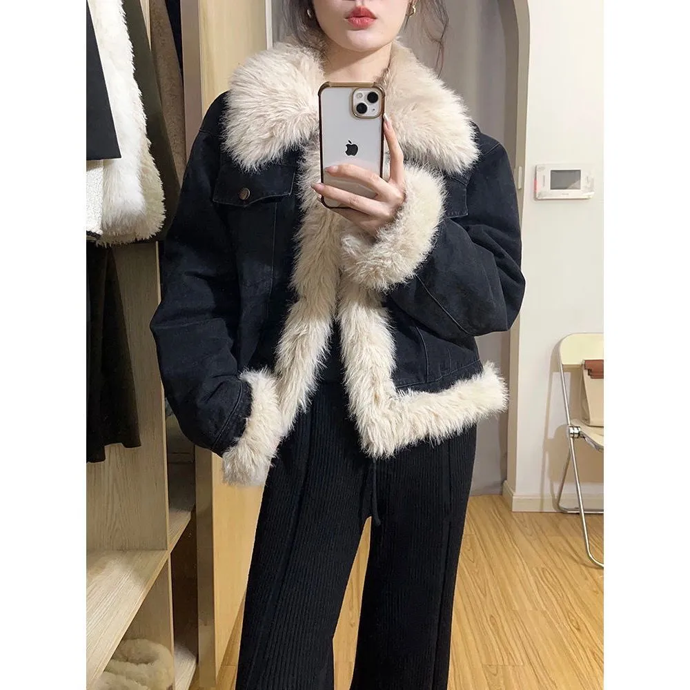 Instock-Autumn and winter 2024 black splicing fur denim jacket