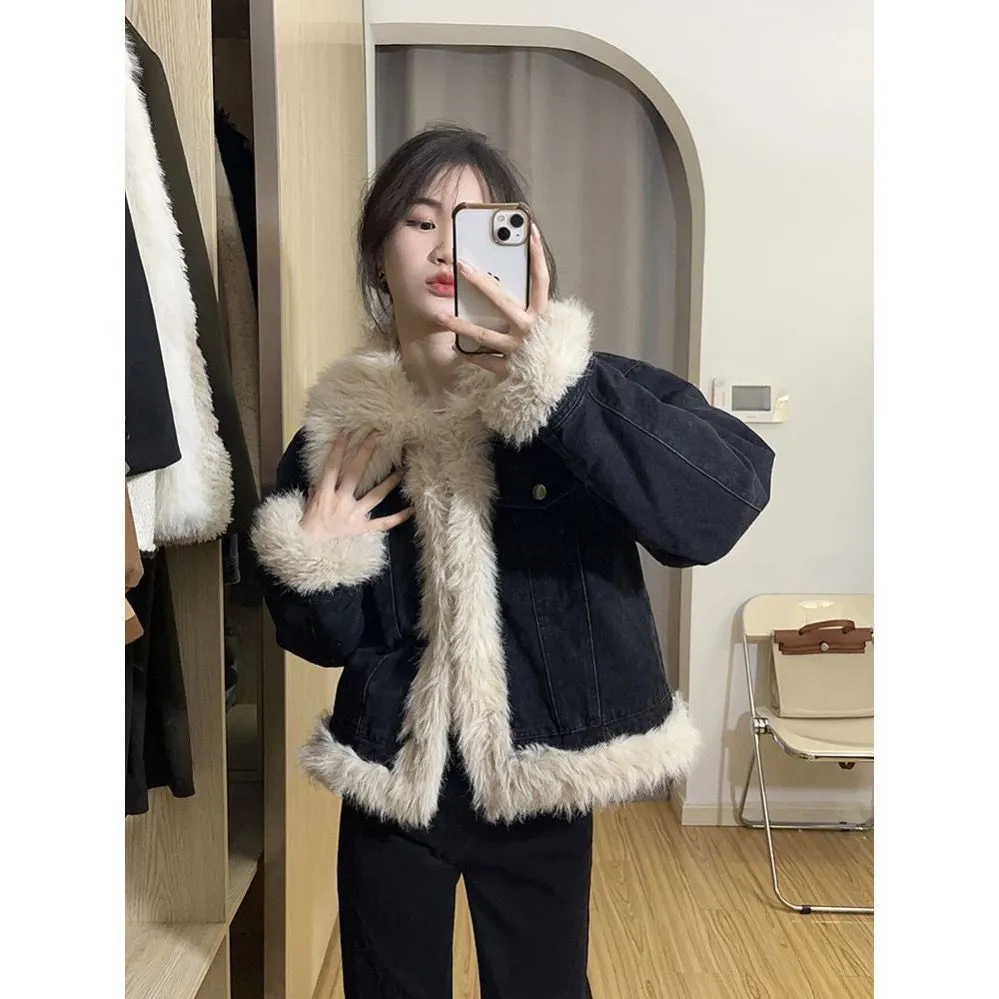 Instock-Autumn and winter 2024 black splicing fur denim jacket