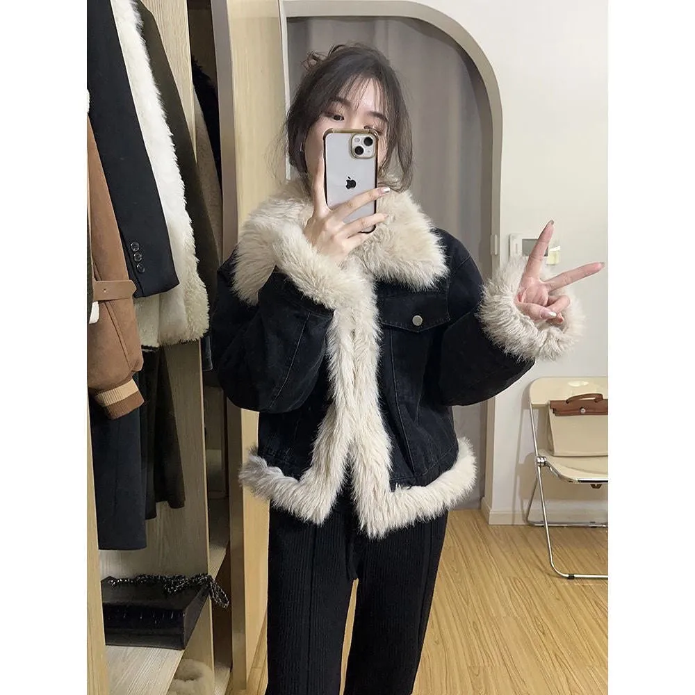Instock-Autumn and winter 2024 black splicing fur denim jacket
